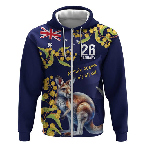 Blue Kangaroo and Golden Wattle Personalised Zip Hoodie Happy Australia Day 6 January