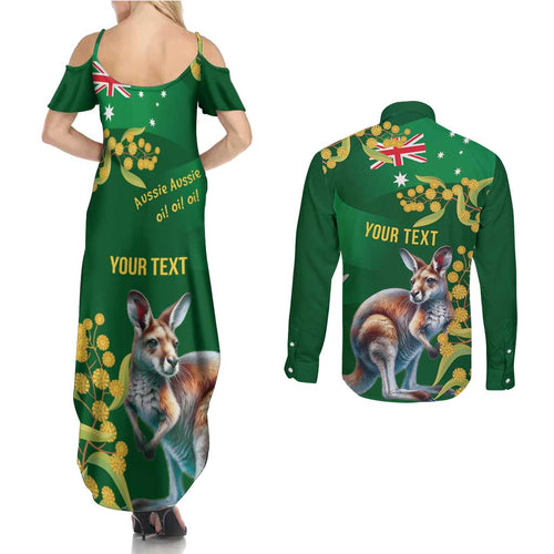 Green Kangaroo and Golden Wattle Personalised Couples Matching Summer Maxi Dress and Long Sleeve Button Shirt Happy Australia Day 6 January