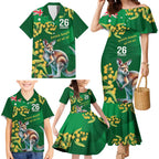 Green Kangaroo and Golden Wattle Personalised Family Matching Mermaid Dress and Hawaiian Shirt Happy Australia Day 6 January