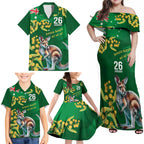 Green Kangaroo and Golden Wattle Personalised Family Matching Off Shoulder Maxi Dress and Hawaiian Shirt Happy Australia Day 6 January