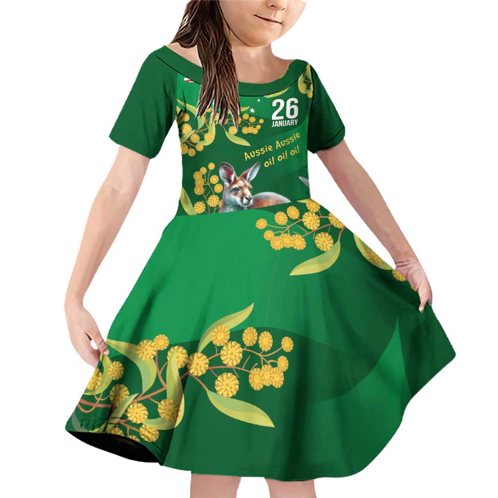 Green Kangaroo and Golden Wattle Personalised Family Matching Off Shoulder Short Dress and Hawaiian Shirt Happy Australia Day 6 January