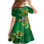Green Kangaroo and Golden Wattle Personalised Family Matching Off Shoulder Short Dress and Hawaiian Shirt Happy Australia Day 6 January