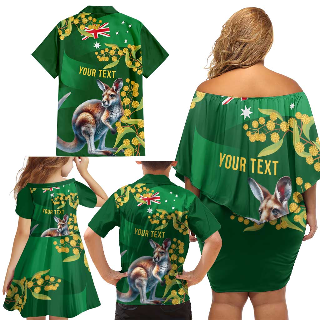 Green Kangaroo and Golden Wattle Personalised Family Matching Off Shoulder Short Dress and Hawaiian Shirt Happy Australia Day 6 January