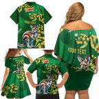 Green Kangaroo and Golden Wattle Personalised Family Matching Off Shoulder Short Dress and Hawaiian Shirt Happy Australia Day 6 January