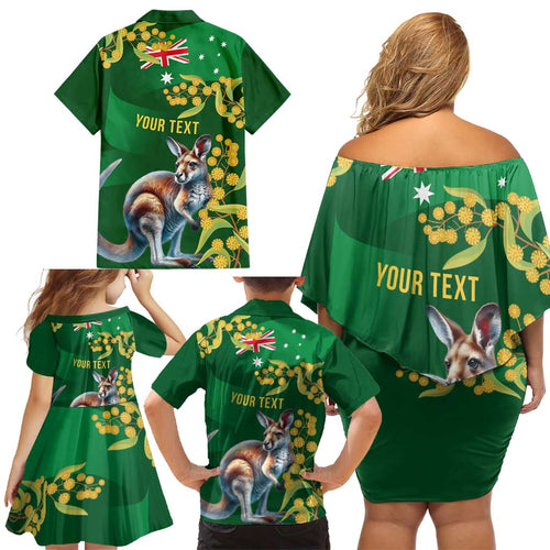 Green Kangaroo and Golden Wattle Personalised Family Matching Off Shoulder Short Dress and Hawaiian Shirt Happy Australia Day 6 January