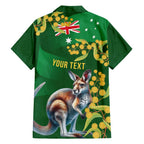Green Kangaroo and Golden Wattle Personalised Family Matching Off Shoulder Short Dress and Hawaiian Shirt Happy Australia Day 6 January