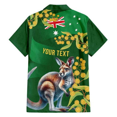 Green Kangaroo and Golden Wattle Personalised Family Matching Off Shoulder Short Dress and Hawaiian Shirt Happy Australia Day 6 January