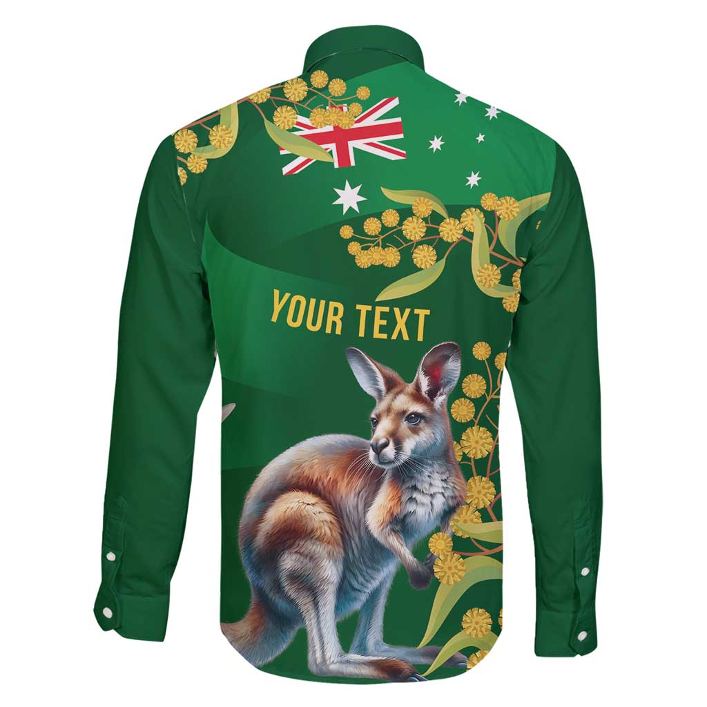 Green Kangaroo and Golden Wattle Personalised Family Matching Off Shoulder Short Dress and Hawaiian Shirt Happy Australia Day 6 January