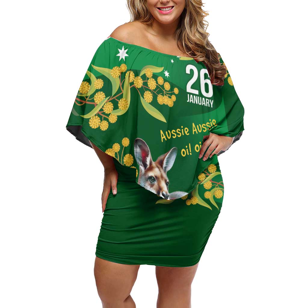 Green Kangaroo and Golden Wattle Personalised Family Matching Off Shoulder Short Dress and Hawaiian Shirt Happy Australia Day 6 January