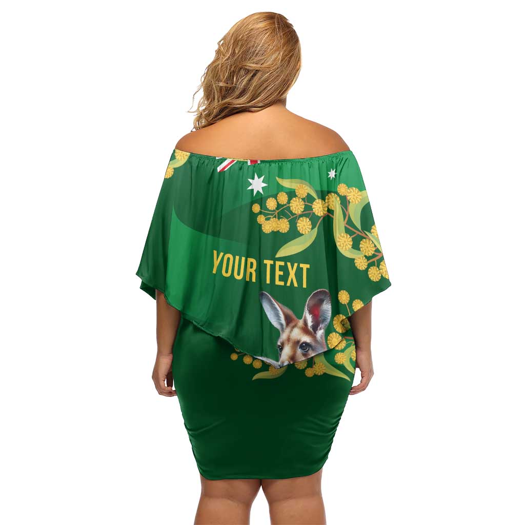 Green Kangaroo and Golden Wattle Personalised Family Matching Off Shoulder Short Dress and Hawaiian Shirt Happy Australia Day 6 January