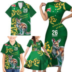 Green Kangaroo and Golden Wattle Personalised Family Matching Short Sleeve Bodycon Dress and Hawaiian Shirt Happy Australia Day 6 January