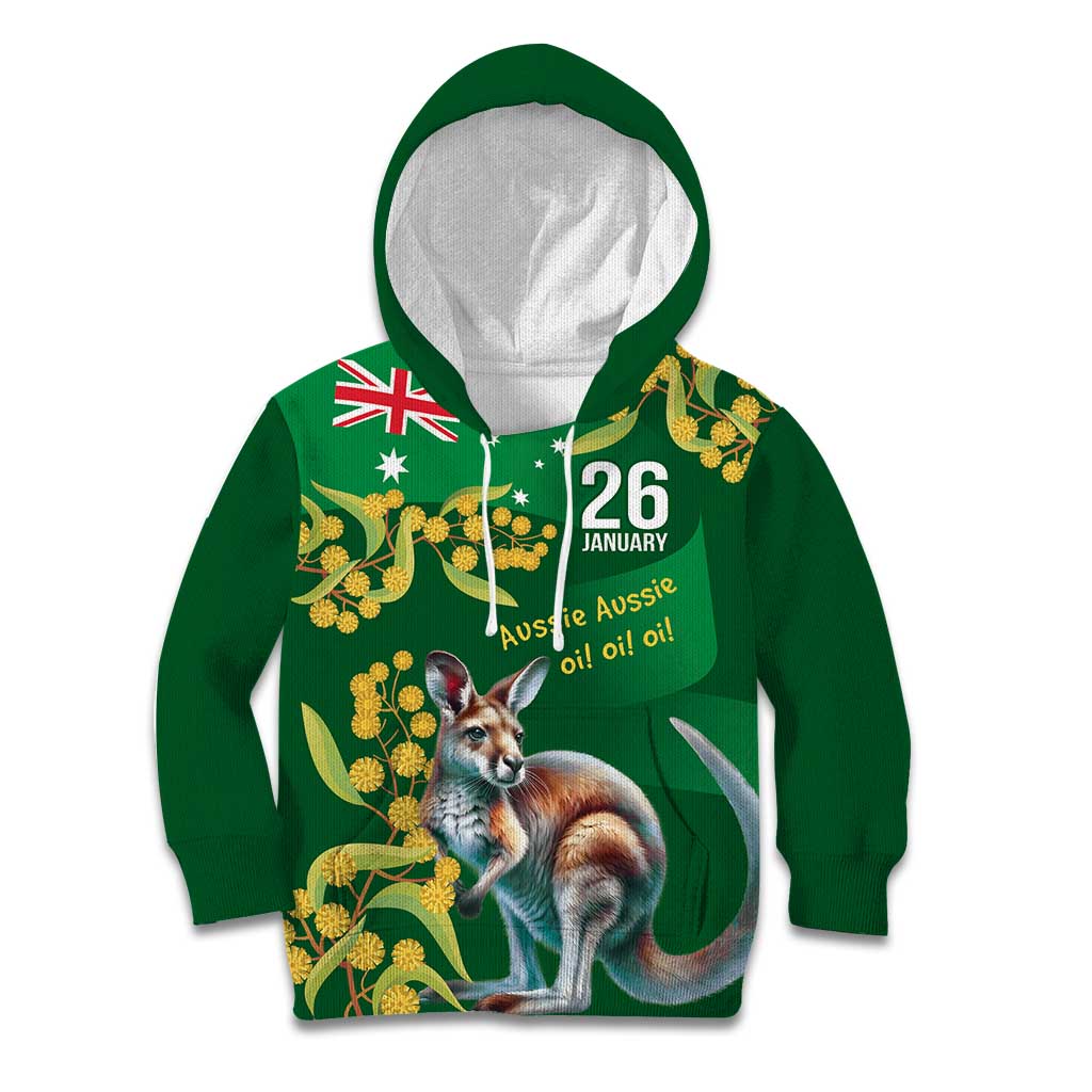 Green Kangaroo and Golden Wattle Personalised Kid Hoodie Happy Australia Day 6 January