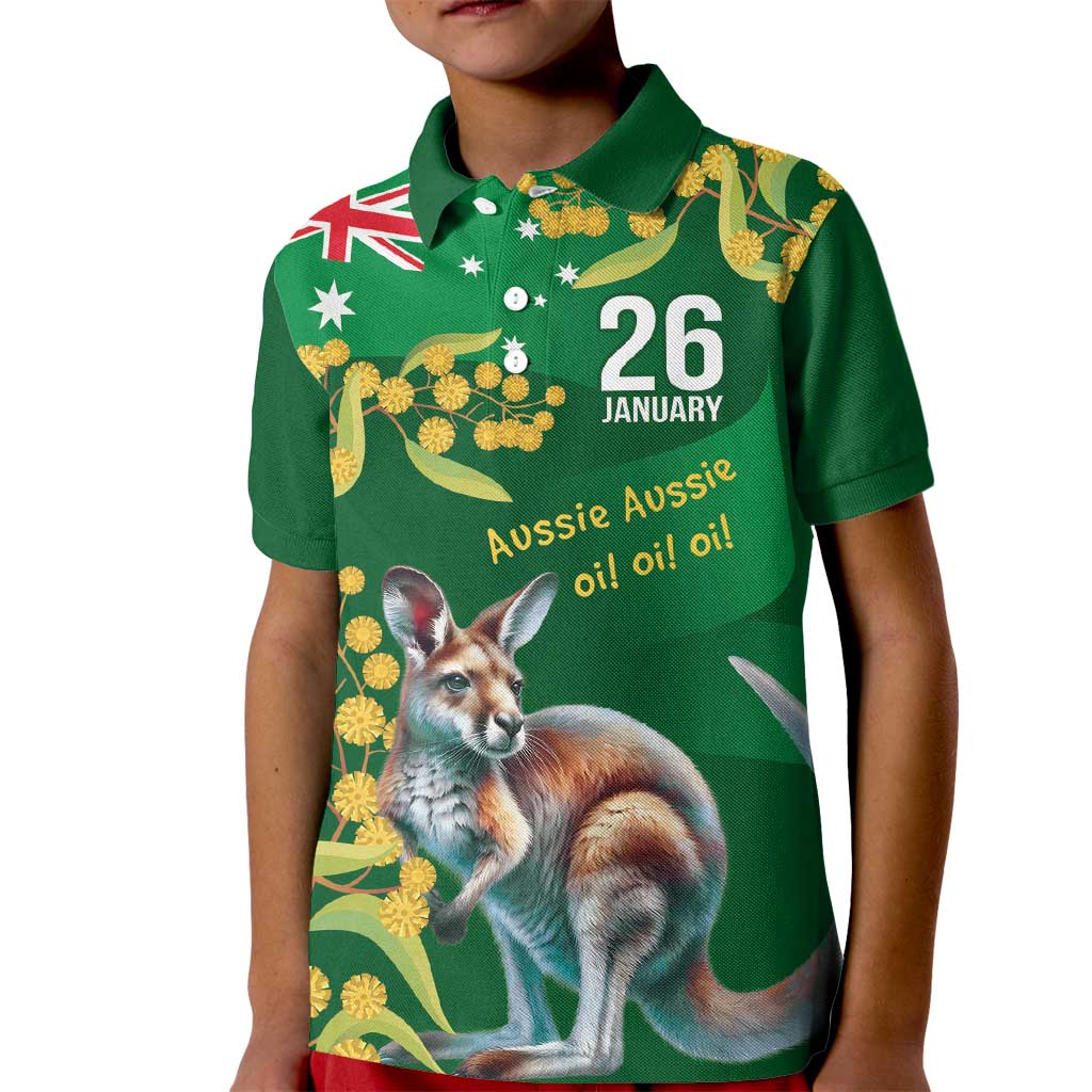Green Kangaroo and Golden Wattle Personalised Kid Polo Shirt Happy Australia Day 6 January