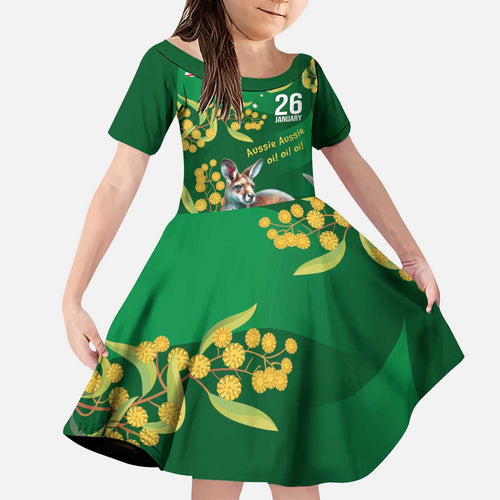 Green Kangaroo and Golden Wattle Personalised Kid Short Sleeve Dress Happy Australia Day 6 January