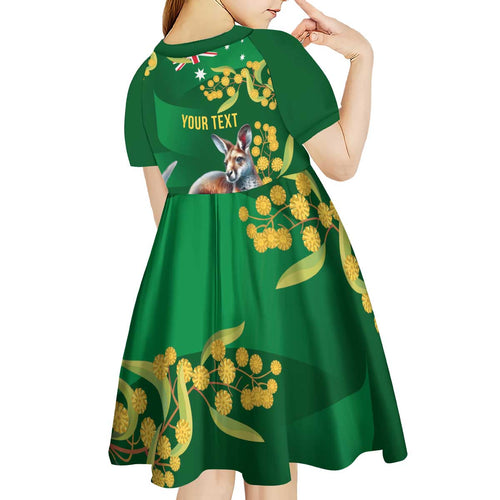 Green Kangaroo and Golden Wattle Personalised Kid Short Sleeve Dress Happy Australia Day 6 January
