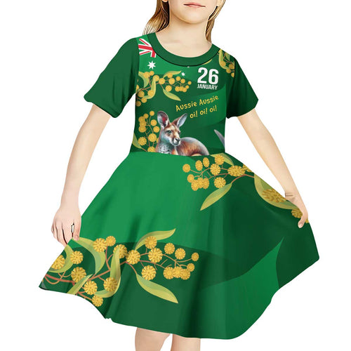 Green Kangaroo and Golden Wattle Personalised Kid Short Sleeve Dress Happy Australia Day 6 January