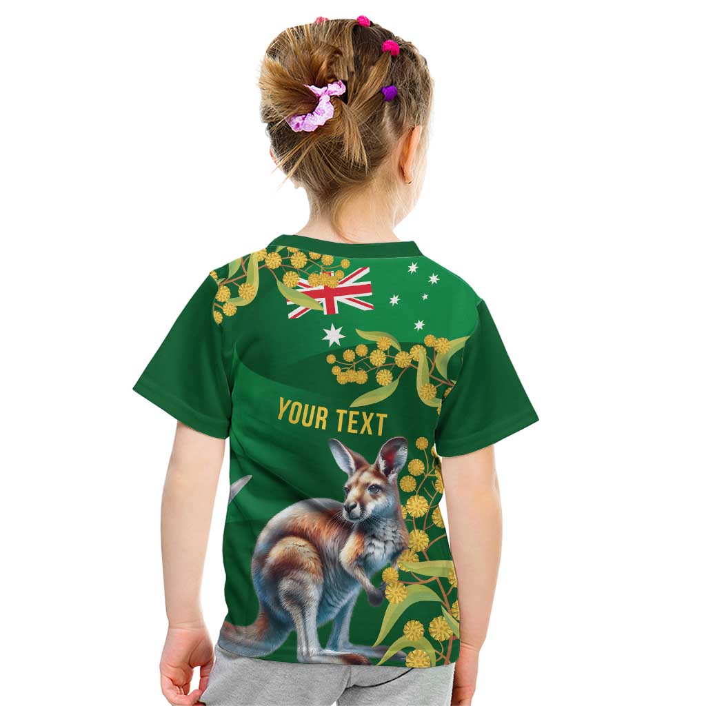 Green Kangaroo and Golden Wattle Personalised Kid T Shirt Happy Australia Day 6 January