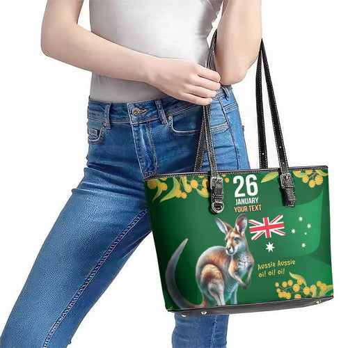 Green Kangaroo and Golden Wattle Personalised Leather Tote Bag Happy Australia Day 6 January