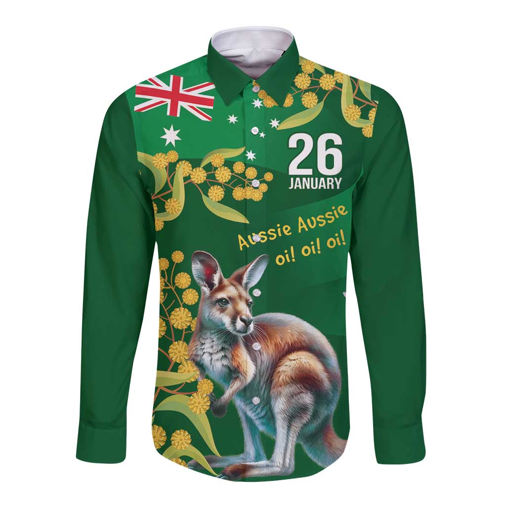 Green Kangaroo and Golden Wattle Personalised Long Sleeve Button Shirt Happy Australia Day 6 January