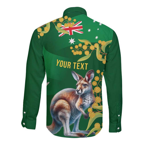 Green Kangaroo and Golden Wattle Personalised Long Sleeve Button Shirt Happy Australia Day 6 January