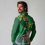 Green Kangaroo and Golden Wattle Personalised Long Sleeve Polo Shirt Happy Australia Day 6 January