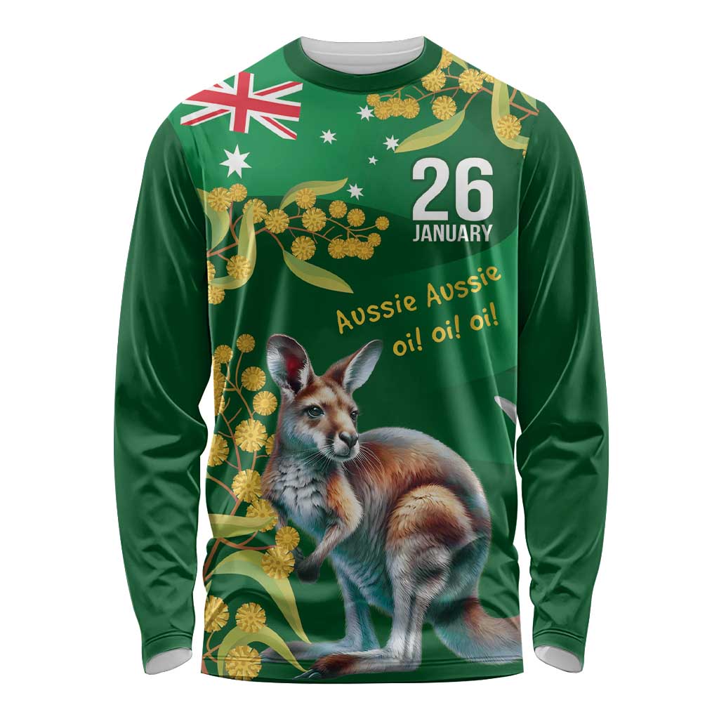 Green Kangaroo and Golden Wattle Personalised Long Sleeve Shirt Happy Australia Day 6 January