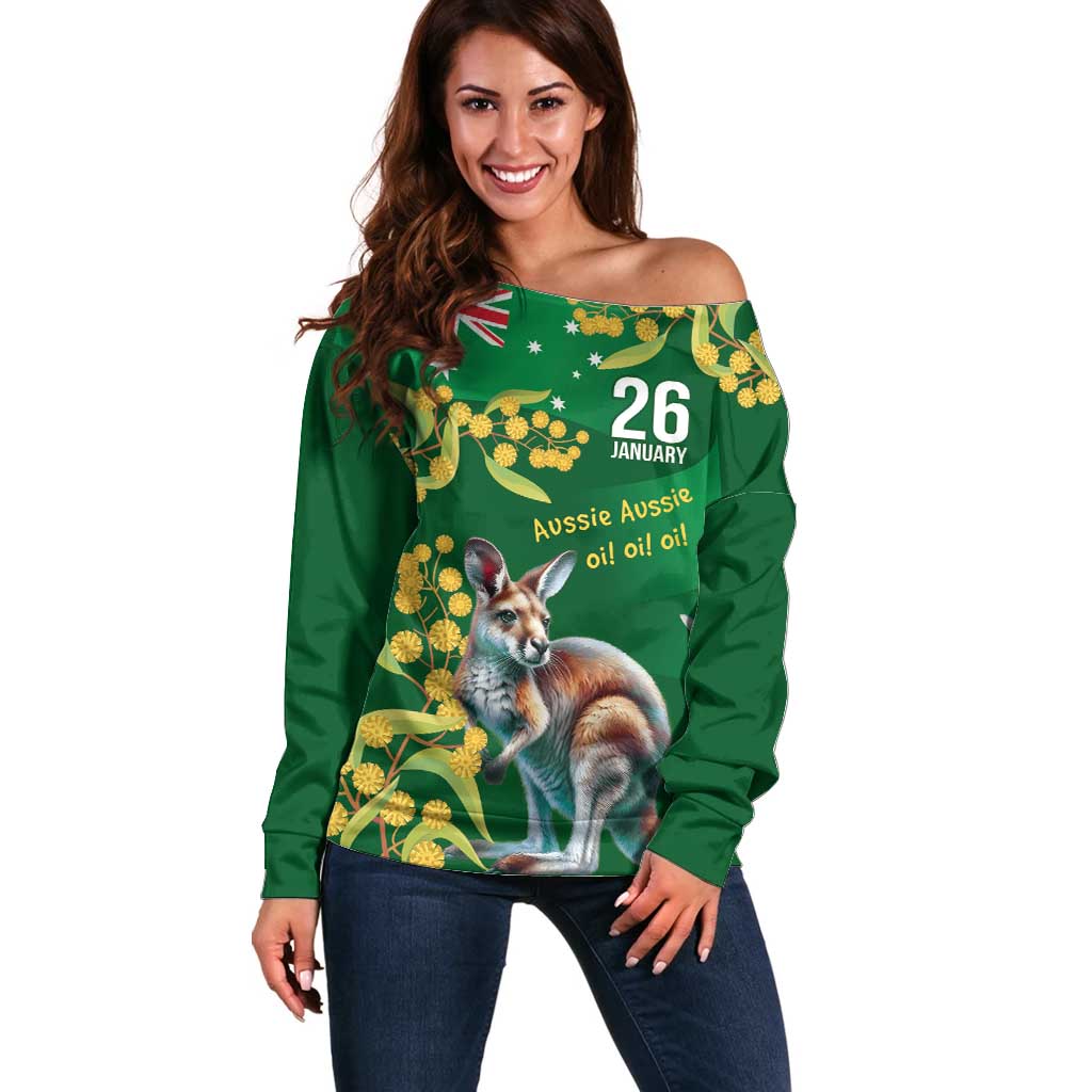 Green Kangaroo and Golden Wattle Personalised Off Shoulder Sweater Happy Australia Day 6 January