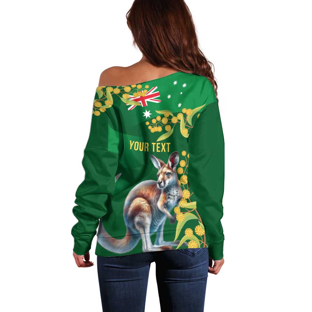 Green Kangaroo and Golden Wattle Personalised Off Shoulder Sweater Happy Australia Day 6 January