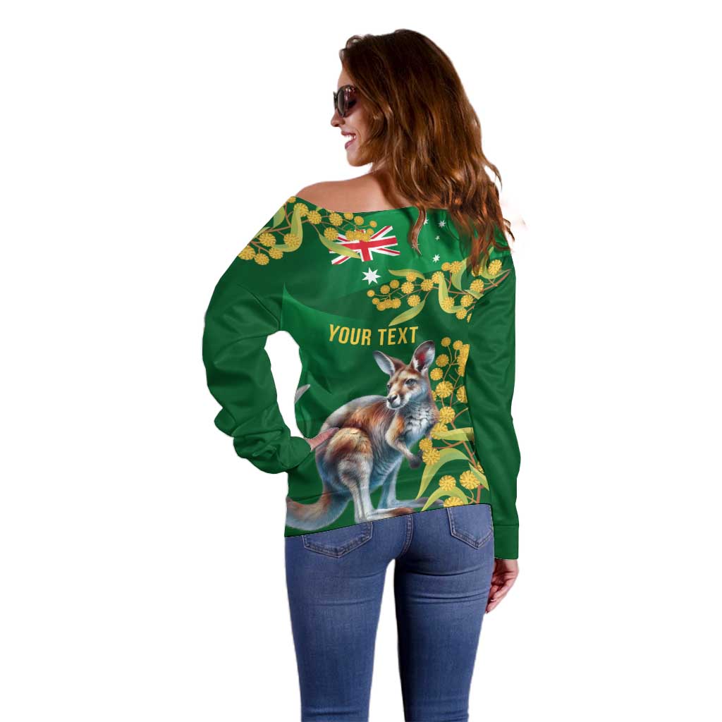 Green Kangaroo and Golden Wattle Personalised Off Shoulder Sweater Happy Australia Day 6 January