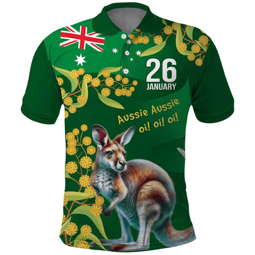 Green Kangaroo and Golden Wattle Personalised Polo Shirt Happy Australia Day 6 January