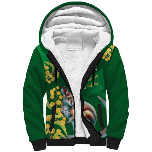 Green Kangaroo and Golden Wattle Personalised Sherpa Hoodie Happy Australia Day 6 January