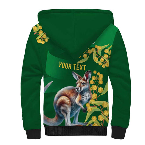 Green Kangaroo and Golden Wattle Personalised Sherpa Hoodie Happy Australia Day 6 January
