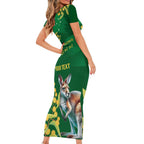 Green Kangaroo and Golden Wattle Personalised Short Sleeve Bodycon Dress Happy Australia Day 6 January