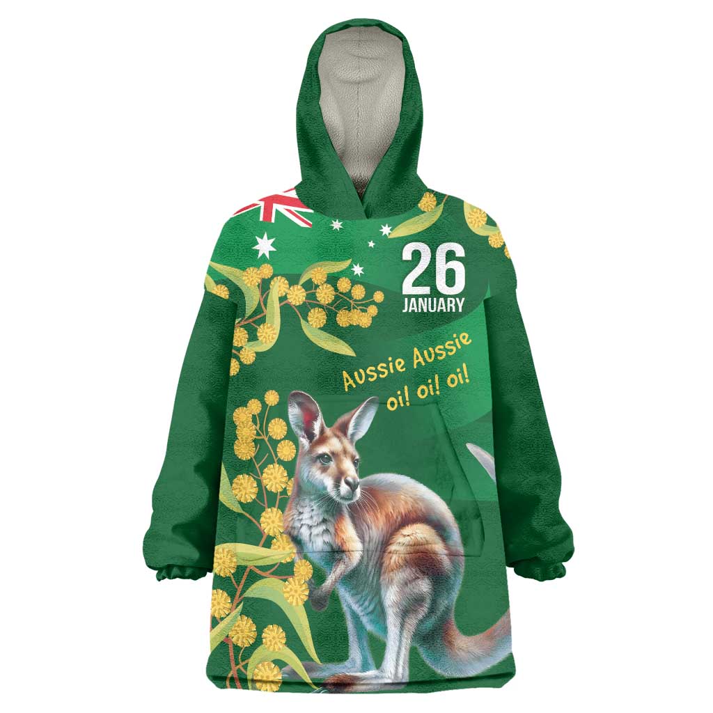 Green Kangaroo and Golden Wattle Personalised Wearable Blanket Hoodie Happy Australia Day 6 January