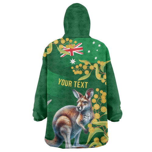 Green Kangaroo and Golden Wattle Personalised Wearable Blanket Hoodie Happy Australia Day 6 January