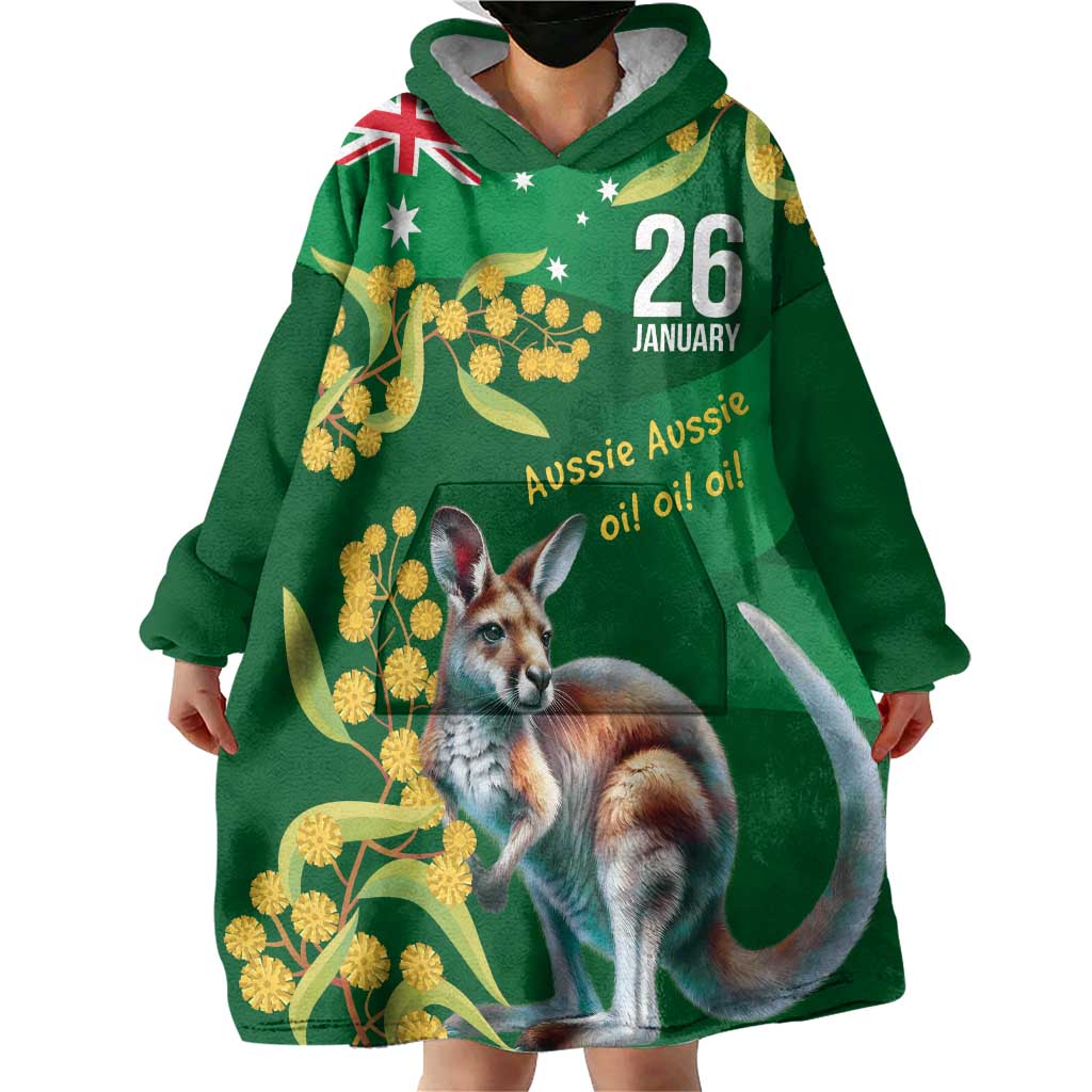 Green Kangaroo and Golden Wattle Personalised Wearable Blanket Hoodie Happy Australia Day 6 January