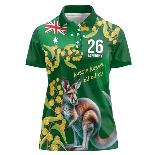 Green Kangaroo and Golden Wattle Personalised Women Polo Shirt Happy Australia Day 6 January