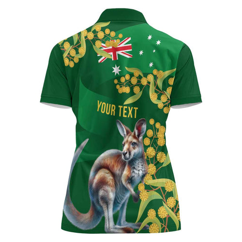 Green Kangaroo and Golden Wattle Personalised Women Polo Shirt Happy Australia Day 6 January