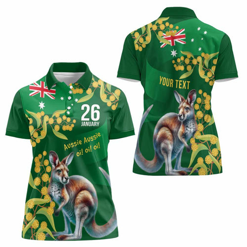 Green Kangaroo and Golden Wattle Personalised Women Polo Shirt Happy Australia Day 6 January