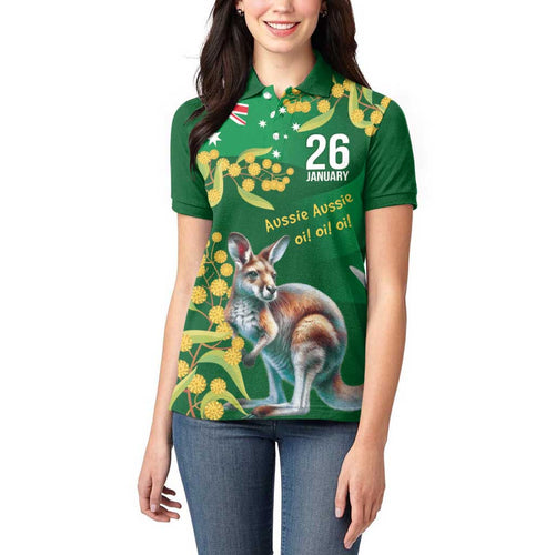Green Kangaroo and Golden Wattle Personalised Women Polo Shirt Happy Australia Day 6 January
