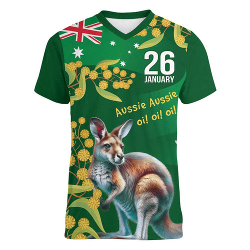 Green Kangaroo and Golden Wattle Personalised Women V-Neck T-Shirt Happy Australia Day 6 January