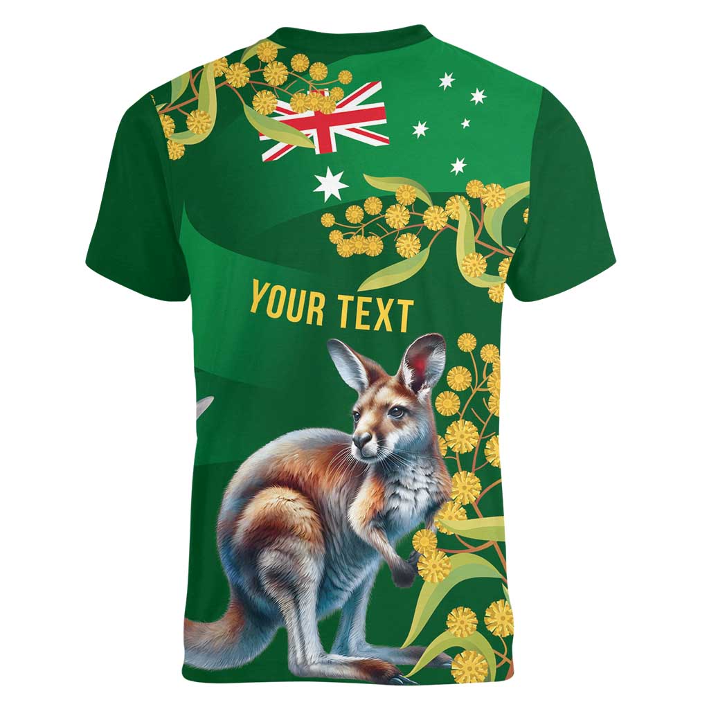 Green Kangaroo and Golden Wattle Personalised Women V-Neck T-Shirt Happy Australia Day 6 January