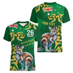 Green Kangaroo and Golden Wattle Personalised Women V-Neck T-Shirt Happy Australia Day 6 January