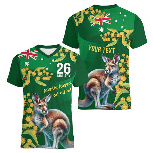 Green Kangaroo and Golden Wattle Personalised Women V-Neck T-Shirt Happy Australia Day 6 January