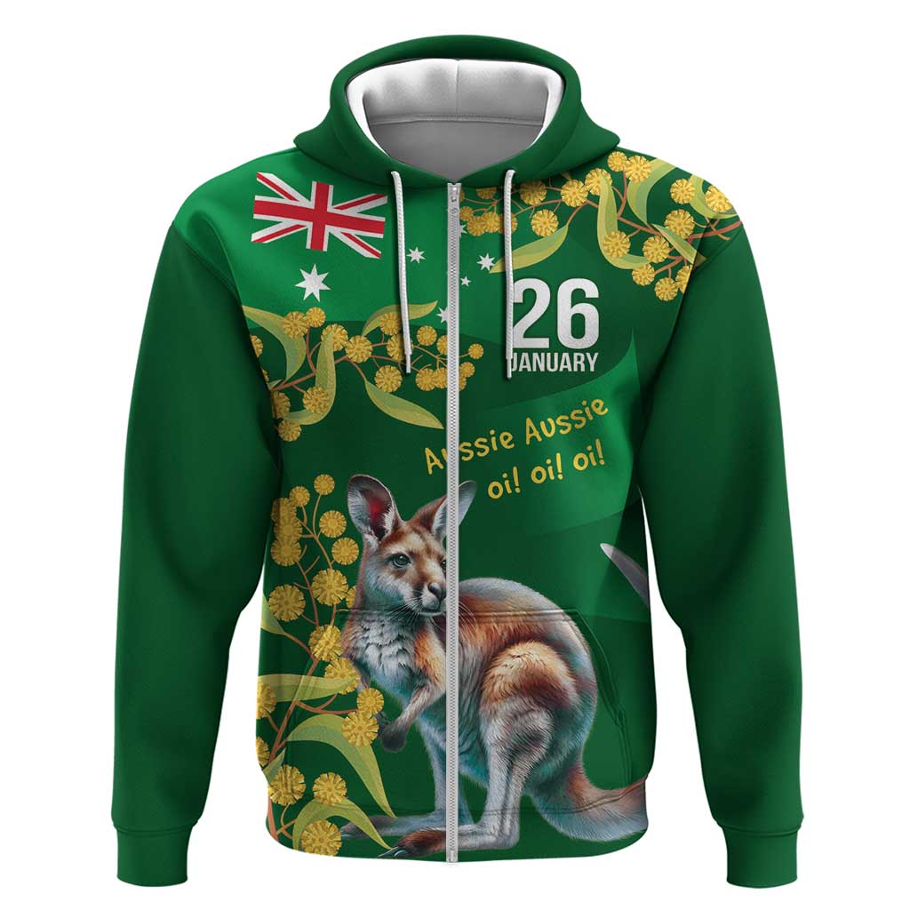 Green Kangaroo and Golden Wattle Personalised Zip Hoodie Happy Australia Day 6 January