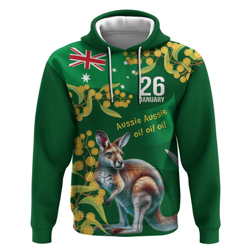 Green Kangaroo and Golden Wattle Personalised Zip Hoodie Happy Australia Day 6 January