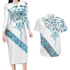 Kahui Whetu Paua shell Kowhaiwhai Taniko Personalised Couples Matching Long Sleeve Bodycon Dress and Hawaiian Shirt Manta Ray Shark-Turtle Maori Tribal Style