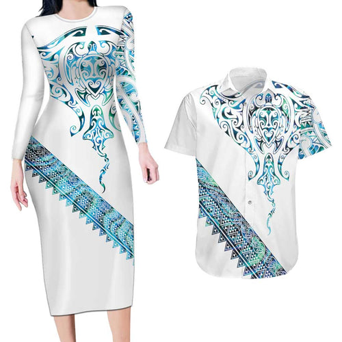 Kahui Whetu Paua shell Kowhaiwhai Taniko Personalised Couples Matching Long Sleeve Bodycon Dress and Hawaiian Shirt Manta Ray Shark-Turtle Maori Tribal Style
