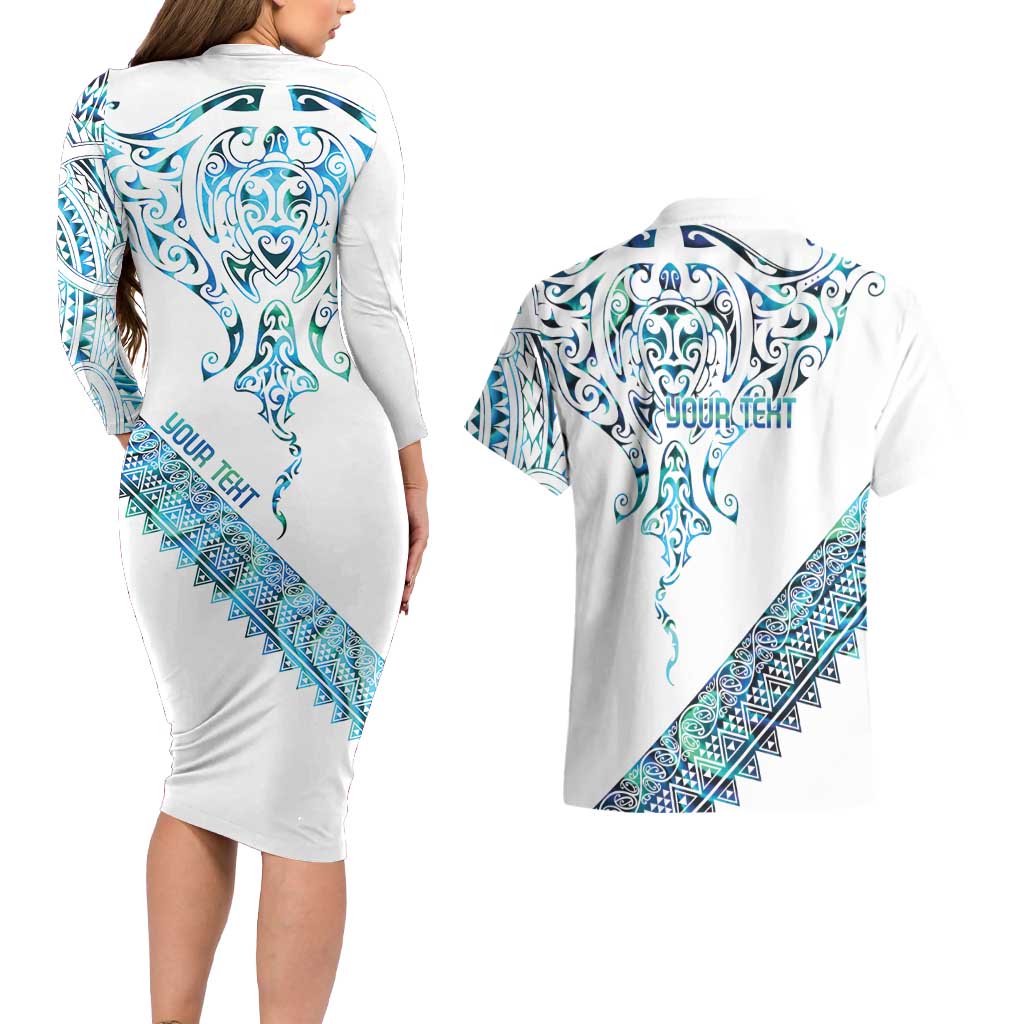 Kahui Whetu Paua shell Kowhaiwhai Taniko Personalised Couples Matching Long Sleeve Bodycon Dress and Hawaiian Shirt Manta Ray Shark-Turtle Maori Tribal Style