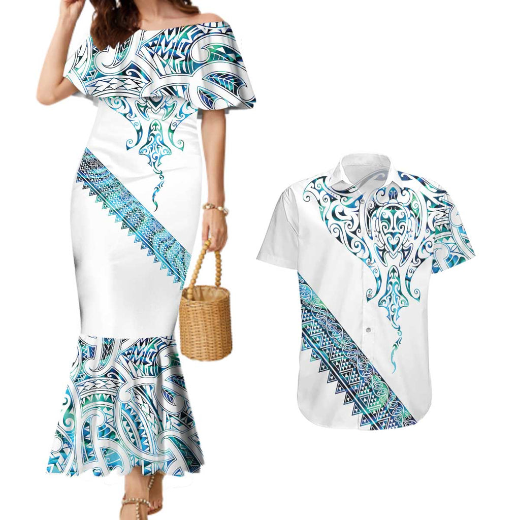 Kahui Whetu Paua shell Kowhaiwhai Taniko Personalised Couples Matching Mermaid Dress and Hawaiian Shirt Manta Ray Shark-Turtle Maori Tribal Style